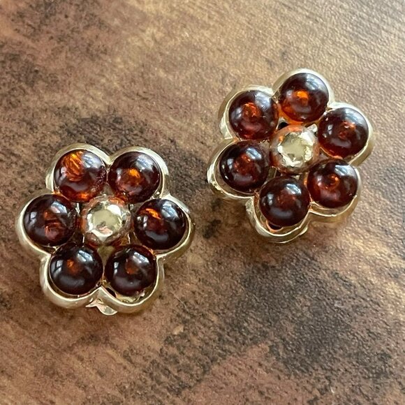 Vintage Coro Earrings Amber Lucite Floral Gold Tone Chunky Clip Signed Flower - Picture 4 of 15